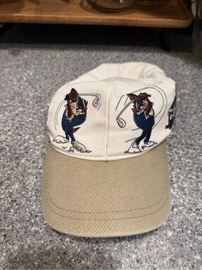 Vintage 1998 Golfing Taz Character Adjustable Baseball Cap - Cream & Khaki